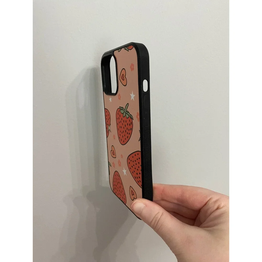 Phone Case iPhone 12 Pro Max Strawberry Fruit Heart Star Pattern Black Edge